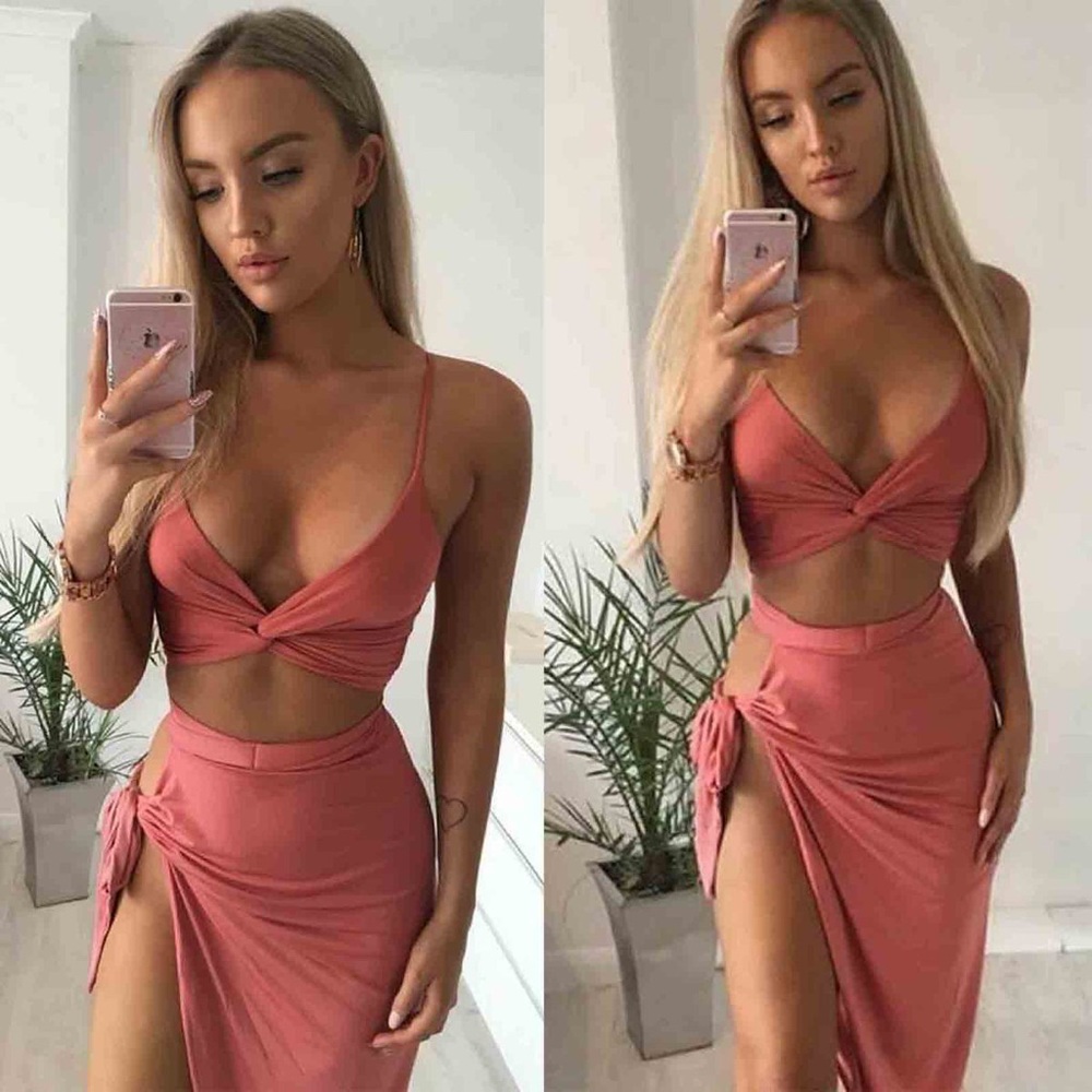 Oh Polly Two Piece Wrap Skirt with a Slit to kill knotted in Orange